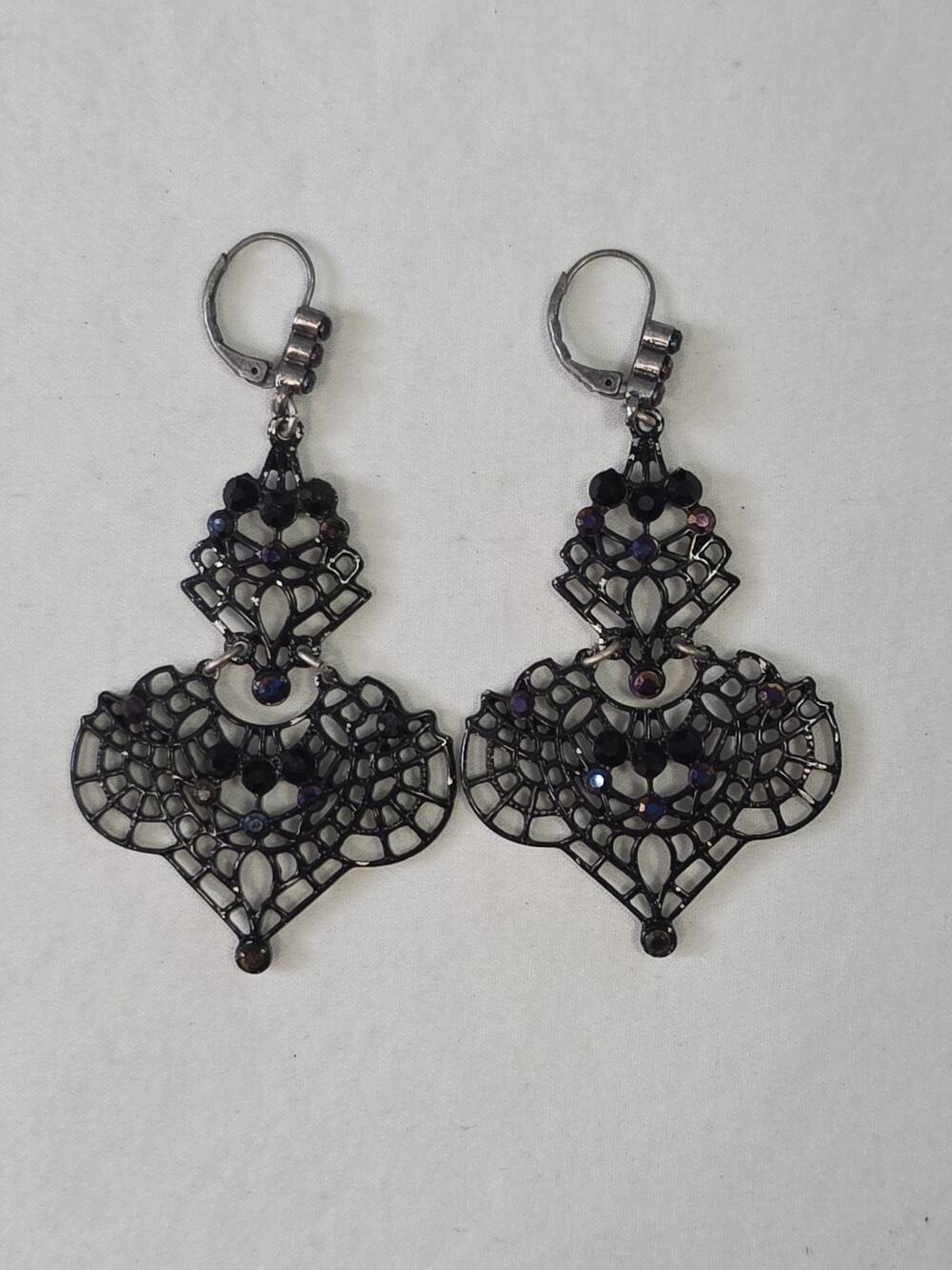 Vintage Avon NW Signed Earrings Black Chandelier Filigree Lace Like Design